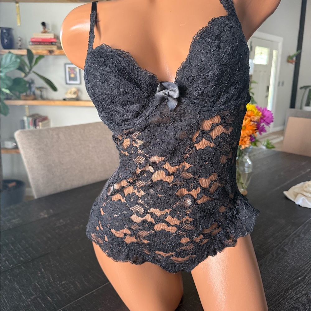 Vintage Victoria’s Secret Black Lace Bustier Bodysuit 34B Sheer Teddy Small